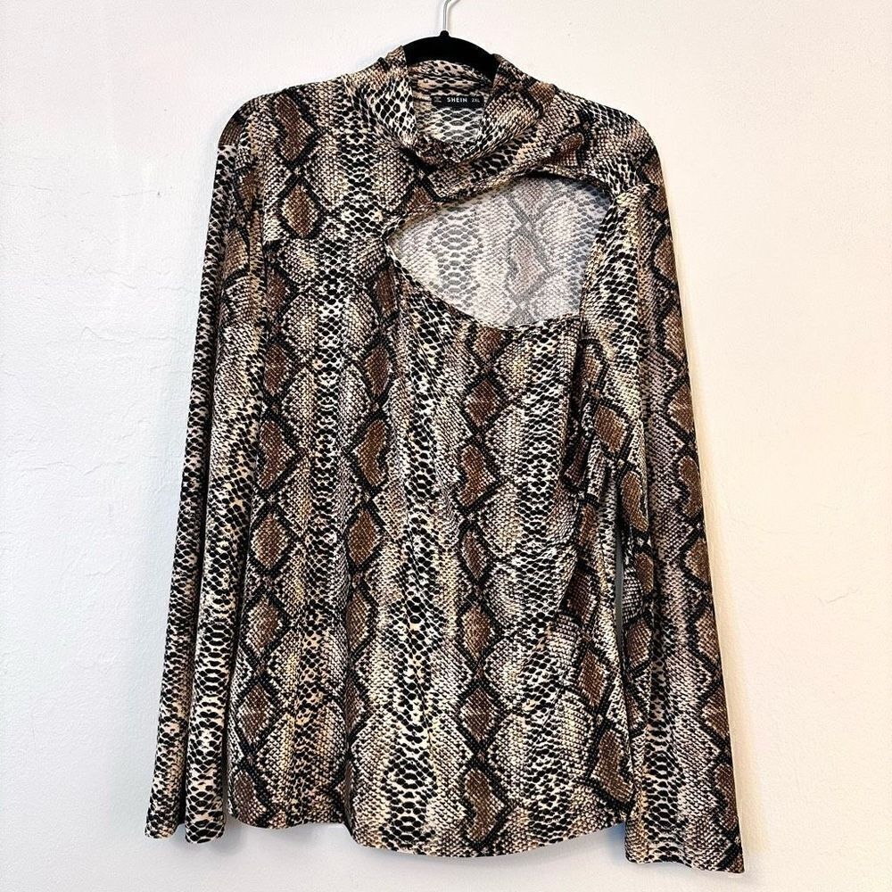 Shein Python Print Mock Neck Stretch Cutout Long Sleeve Top Taupe Tan 2XL
